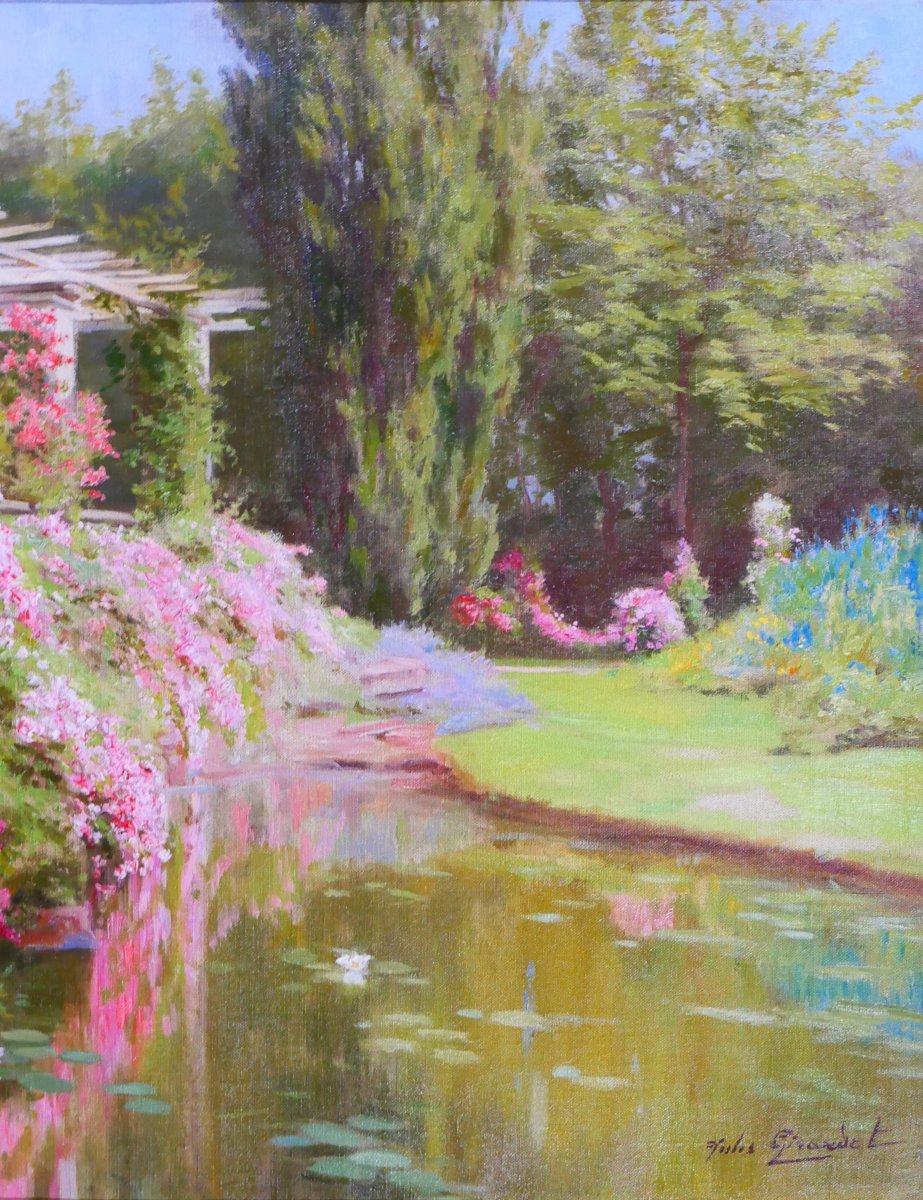 Jules Girardet 1856-1938 La roseraie du jardin, tableau, 1930 fleurs rose paysage parc-photo-4