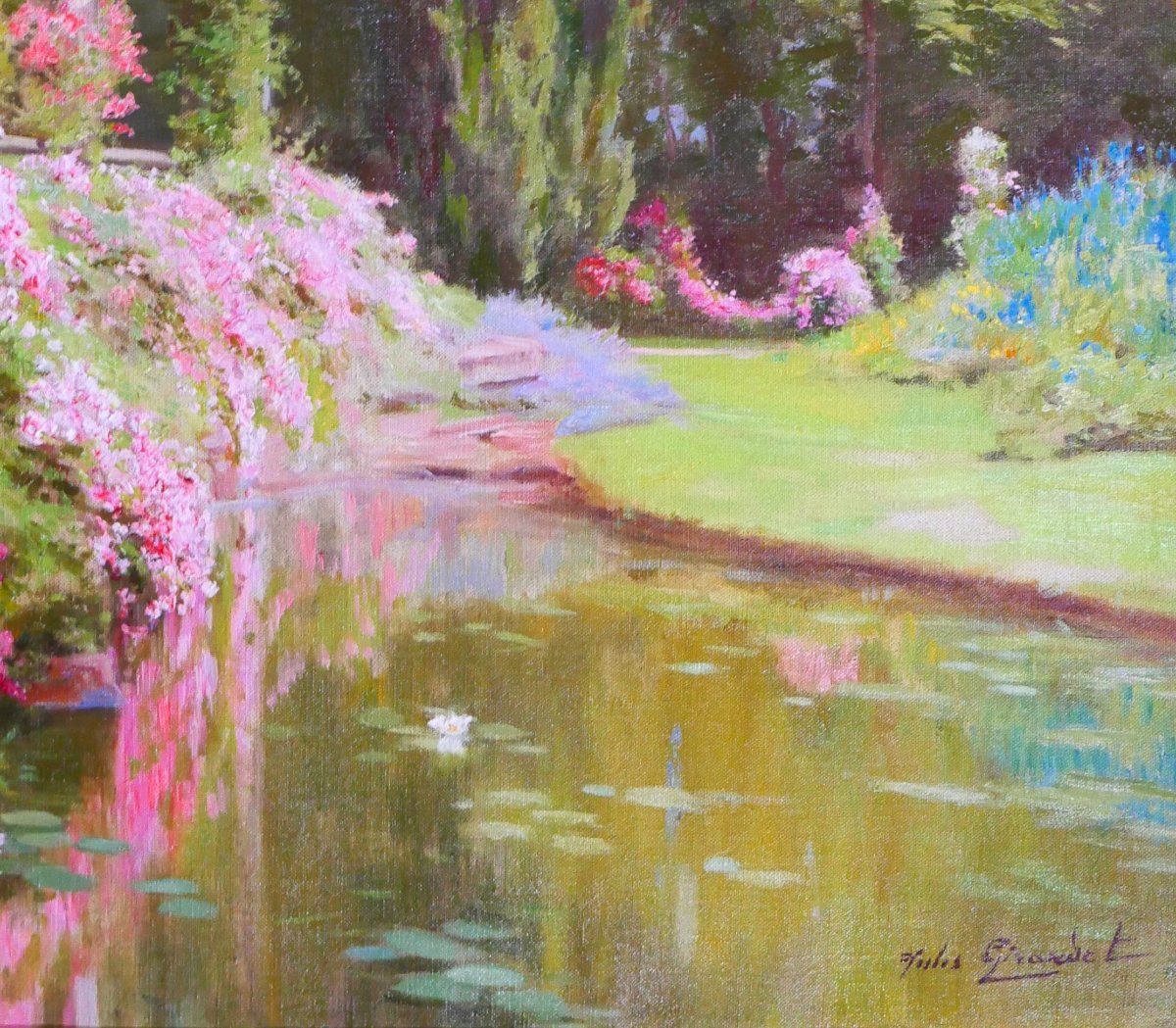 Jules Girardet 1856-1938 La roseraie du jardin, tableau, 1930 fleurs rose paysage parc-photo-3