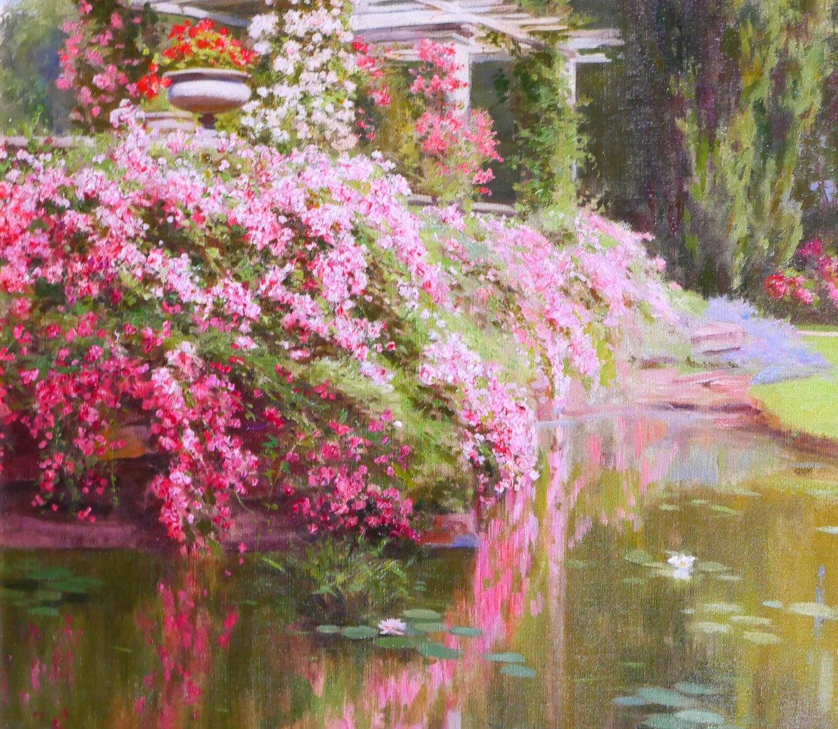 Jules Girardet 1856-1938 La roseraie du jardin, tableau, 1930 fleurs rose paysage parc-photo-4
