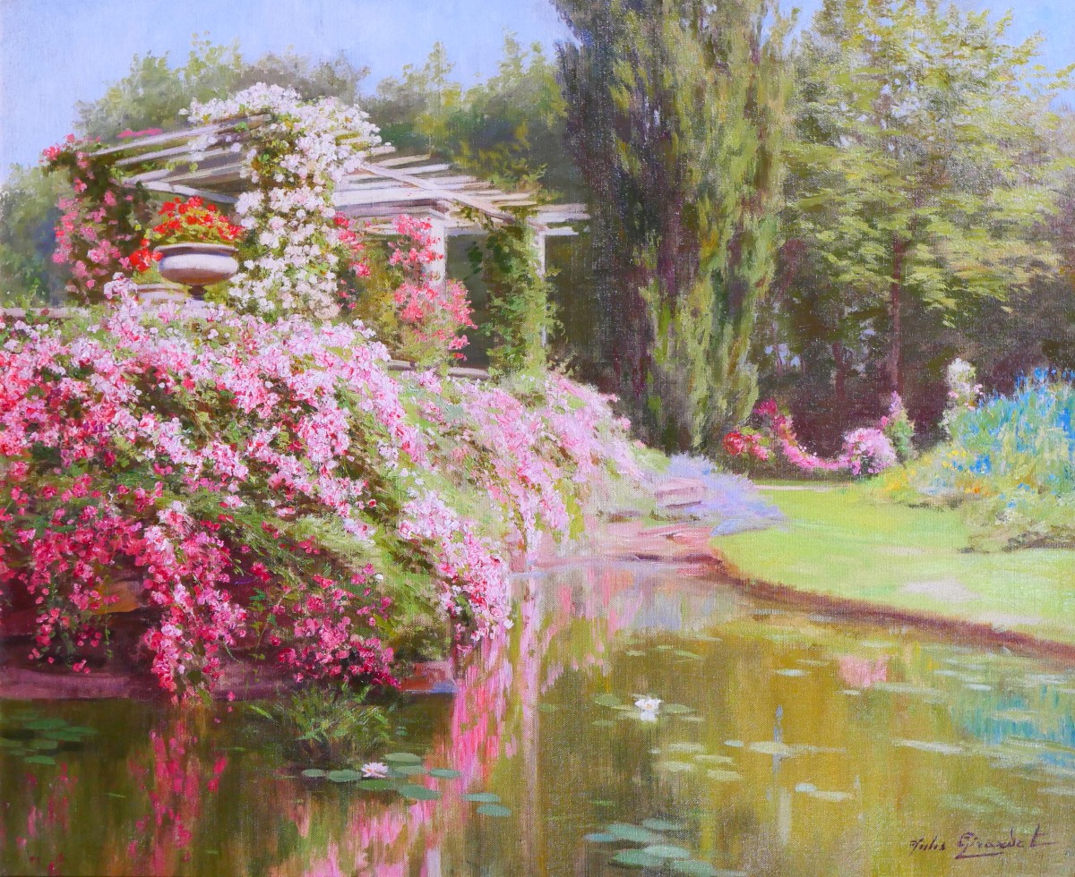Jules Girardet 1856-1938 La roseraie du jardin, tableau, 1930 fleurs rose paysage parc