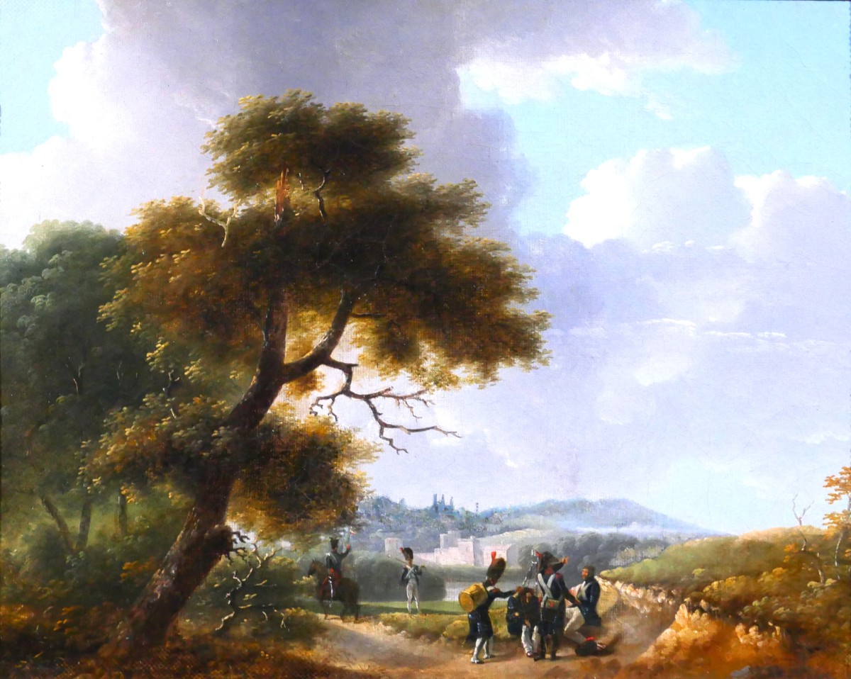 Swebach-Desfontaines (att. à) 1769-1823 Soldats de Napoléon dans un paysage, tableau militaria