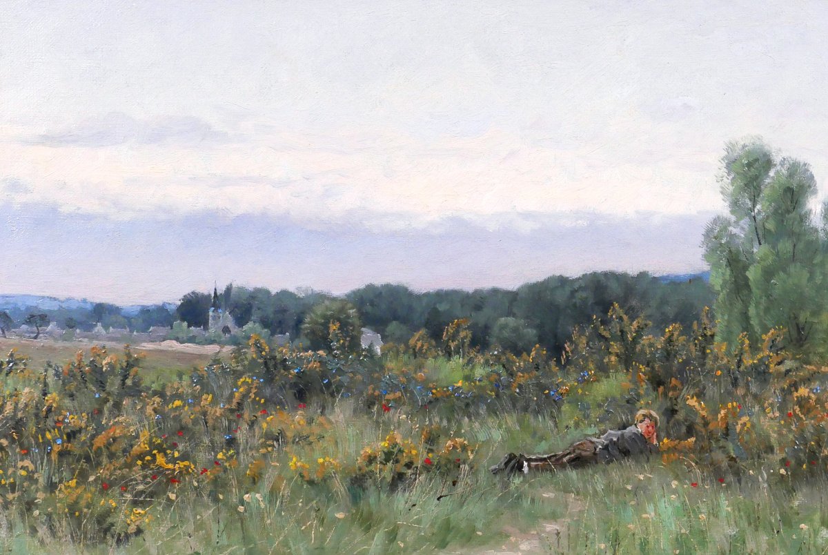 Henri Saintin 1846-1899 Val-Saint-Germain, Essone , paysage aux fleurs, tableau impressionnisme-photo-1