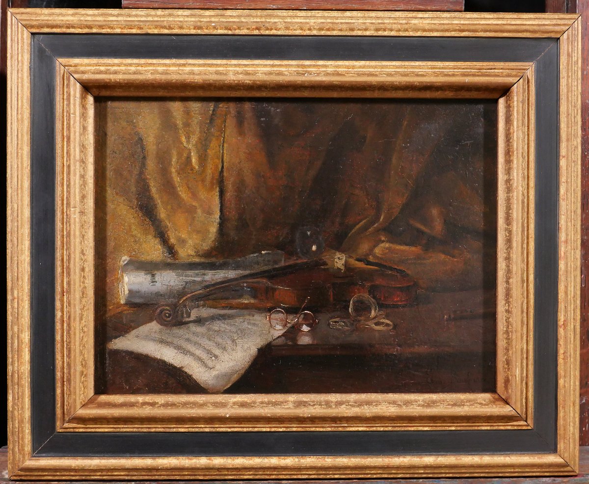 Emile BOULARD 1863 -1943 Nature morte au violon, tableau vers 1900 musique -photo-2