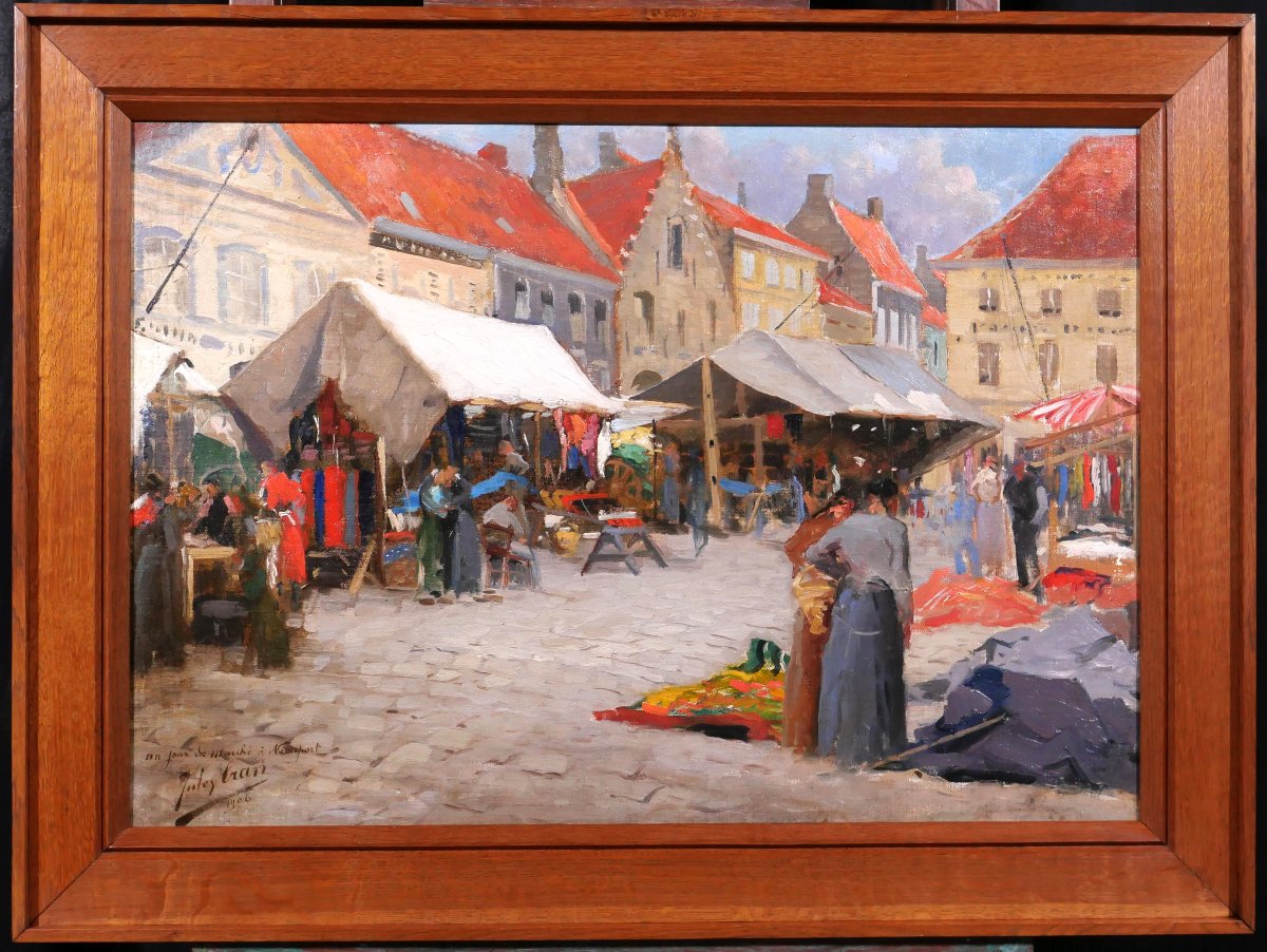 Jules Cran 1876-1926 Market Day In Nieuport, Belgium, Painting, 1906 Impressionism-photo-2