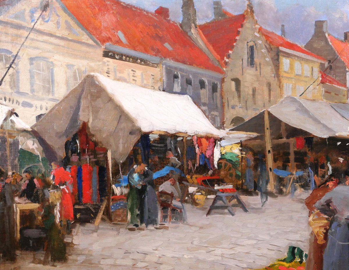 Jules Cran 1876-1926 Market Day In Nieuport, Belgium, Painting, 1906 Impressionism-photo-1