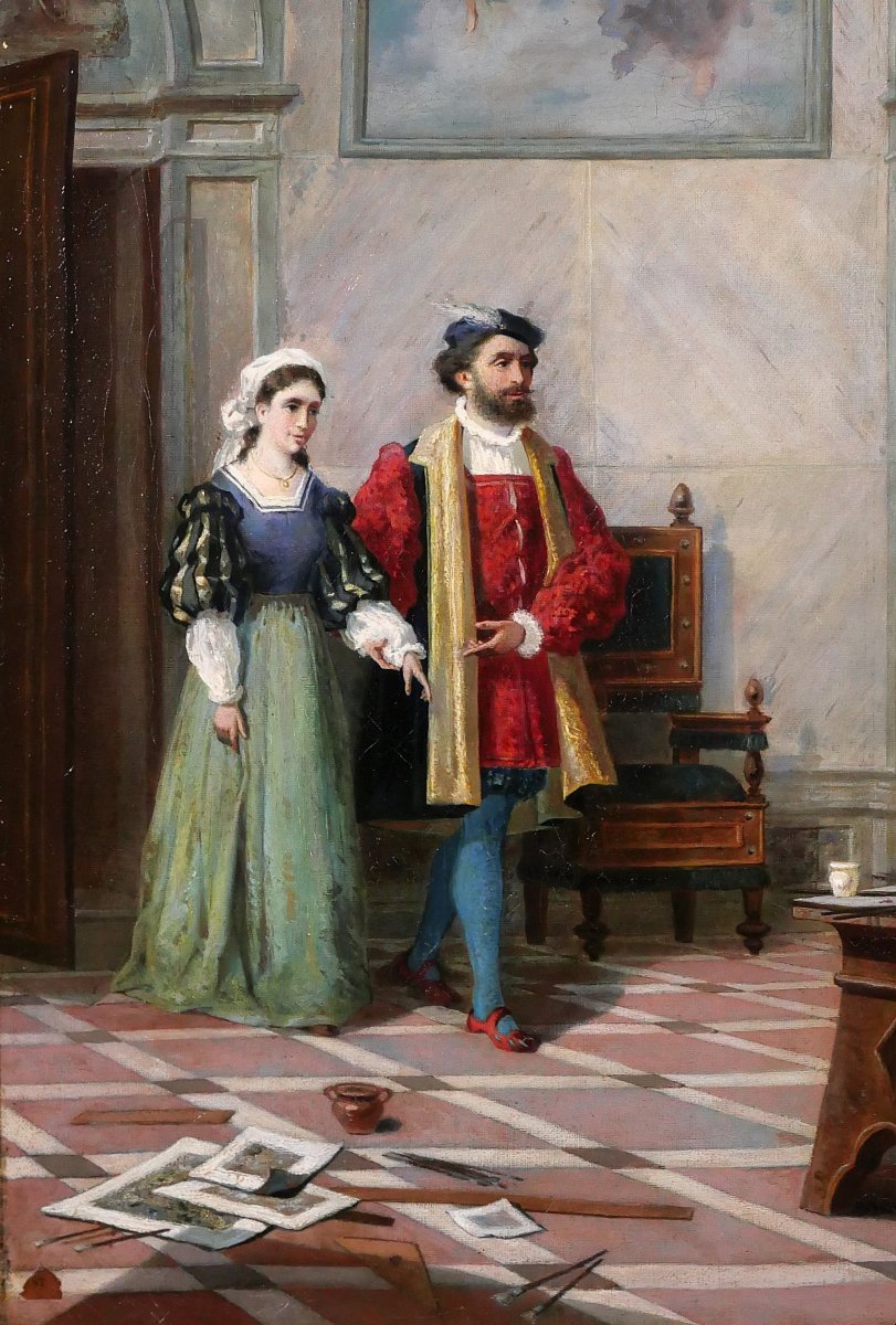 Pio Ludovico Barlaffa, The Painter Raphael And The Fornarina In His Studio, Painting, 1872-photo-4