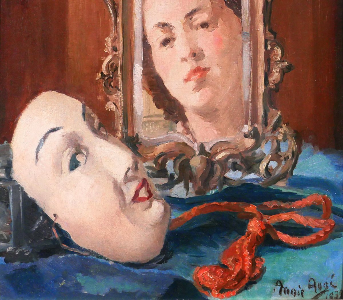 Annie Augé, 20th Portrait Of A Woman With A Mirror And Mask, Painting 1939, Art Deco-photo-4