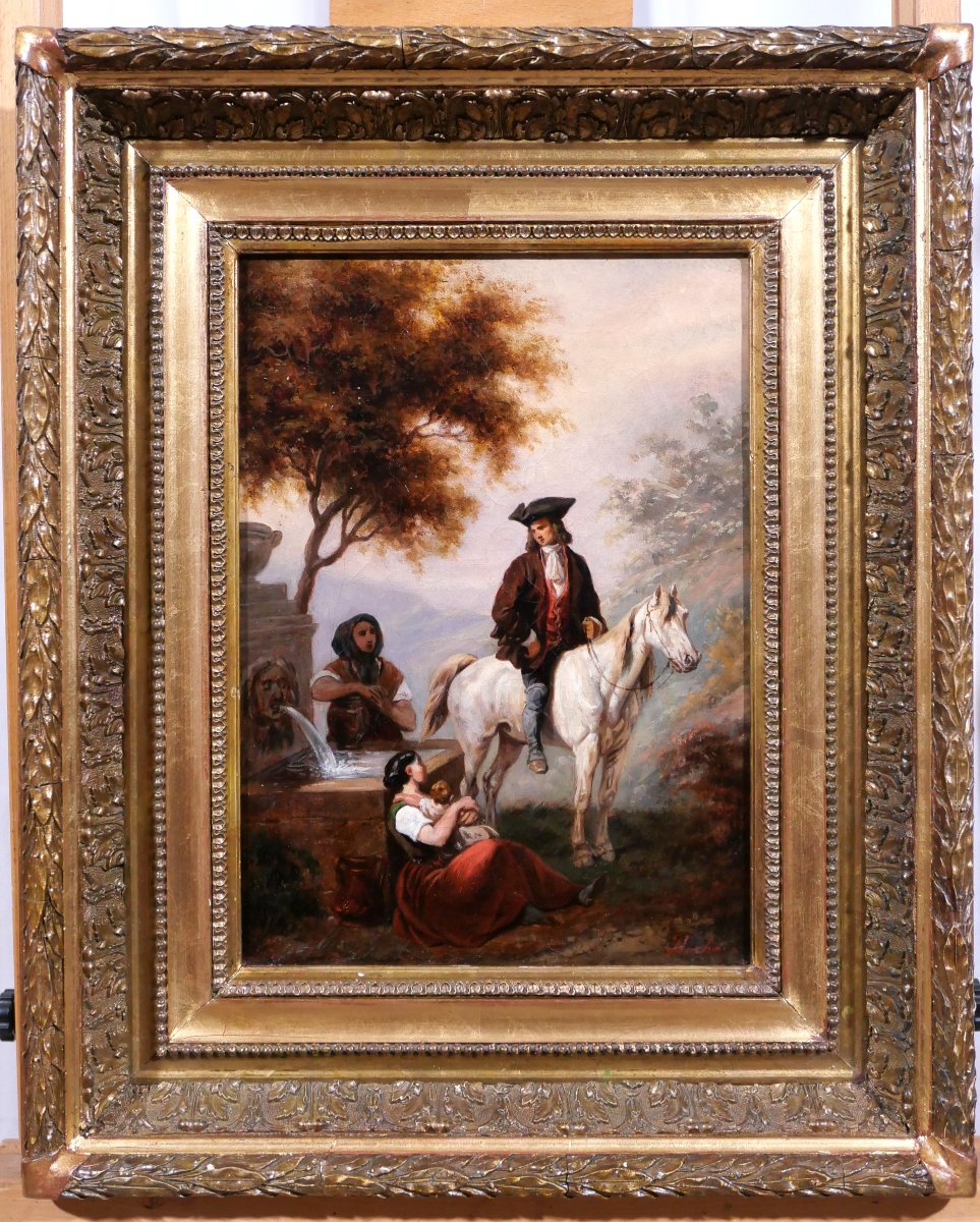 Clément Pruche 1811-1890 Landscape With Horseman At The Fountain, Romantic Painting Of A Horse-photo-2