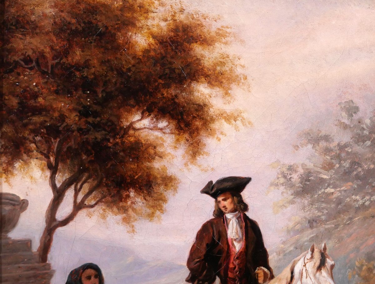 Clément Pruche 1811-1890 Landscape With Horseman At The Fountain, Romantic Painting Of A Horse-photo-3
