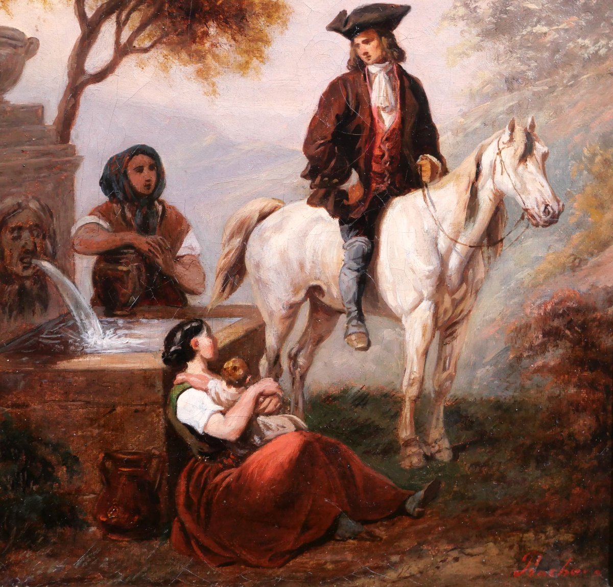 Clément Pruche 1811-1890 Landscape With Horseman At The Fountain, Romantic Painting Of A Horse-photo-4