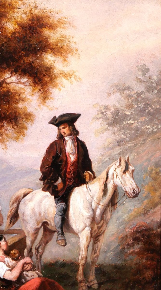 Clément Pruche 1811-1890 Landscape With Horseman At The Fountain, Romantic Painting Of A Horse-photo-2