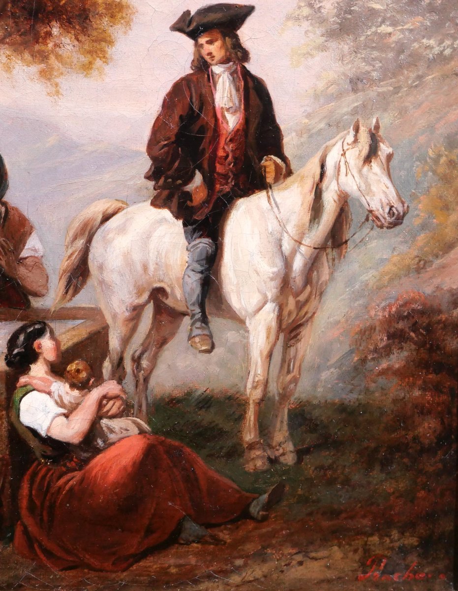 Clément Pruche 1811-1890 Landscape With Horseman At The Fountain, Romantic Painting Of A Horse-photo-3