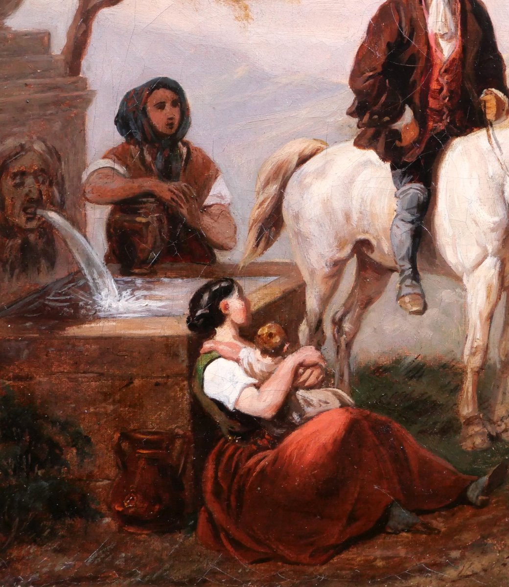 Clément Pruche 1811-1890 Landscape With Horseman At The Fountain, Romantic Painting Of A Horse-photo-4