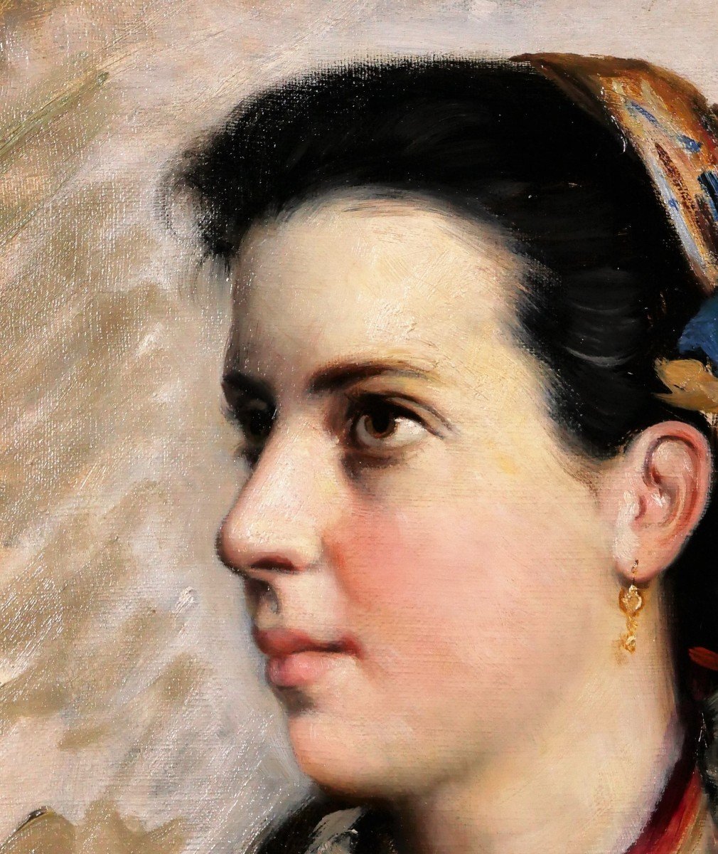 Jules Gardot 1828-1891 Portrait Of A Young Italian Woman, Painting, Italy, Circa 1870-photo-1