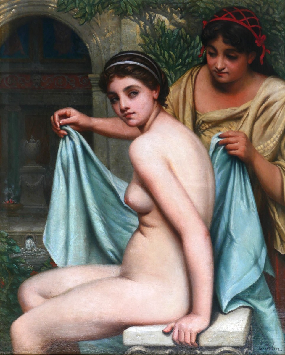 Edouard Jolin 1817-1892 Nude Woman Bathing, Roman Antiquity, Large Painting, Circa 1880-85