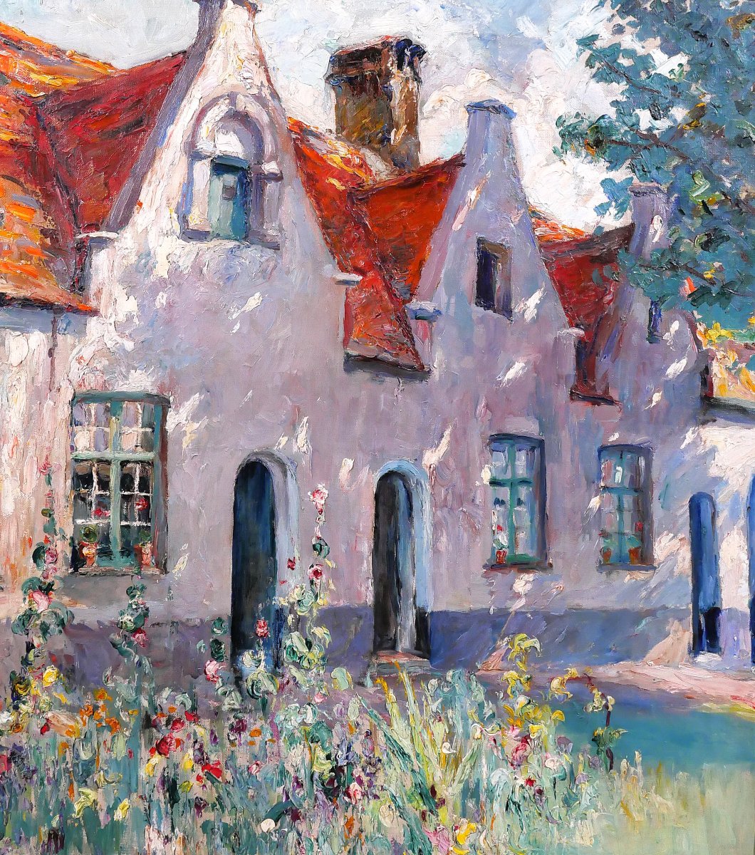 Jules Postel 1867-1955 Bruges, Flowers At The Beguinage, Large Painting, Circa 1930, Bruges Landscape-photo-4