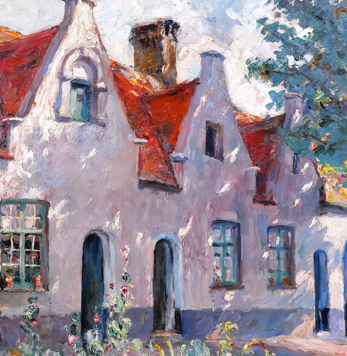 Jules Postel 1867-1955 Bruges, Flowers At The Beguinage, Large Painting, Circa 1930, Bruges Landscape-photo-2