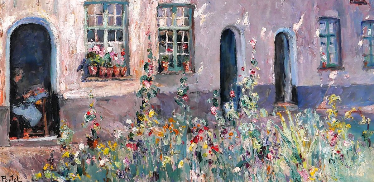 Jules Postel 1867-1955 Bruges, Flowers At The Beguinage, Large Painting, Circa 1930, Bruges Landscape-photo-4