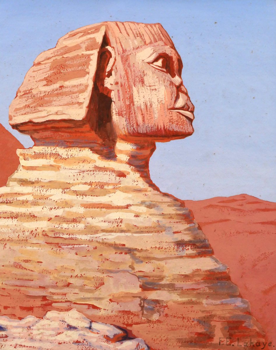 François-etienne Lahaye 1878-1949 Egypt, Giza, The Sphinx And The Pyramid, Drawing Painting-photo-4