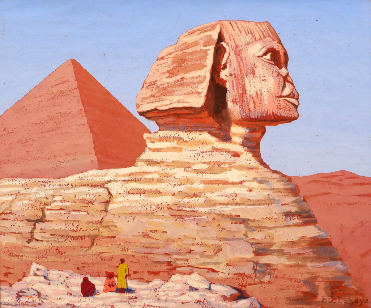 François-etienne Lahaye 1878-1949 Egypt, Giza, The Sphinx And The Pyramid, Drawing Painting