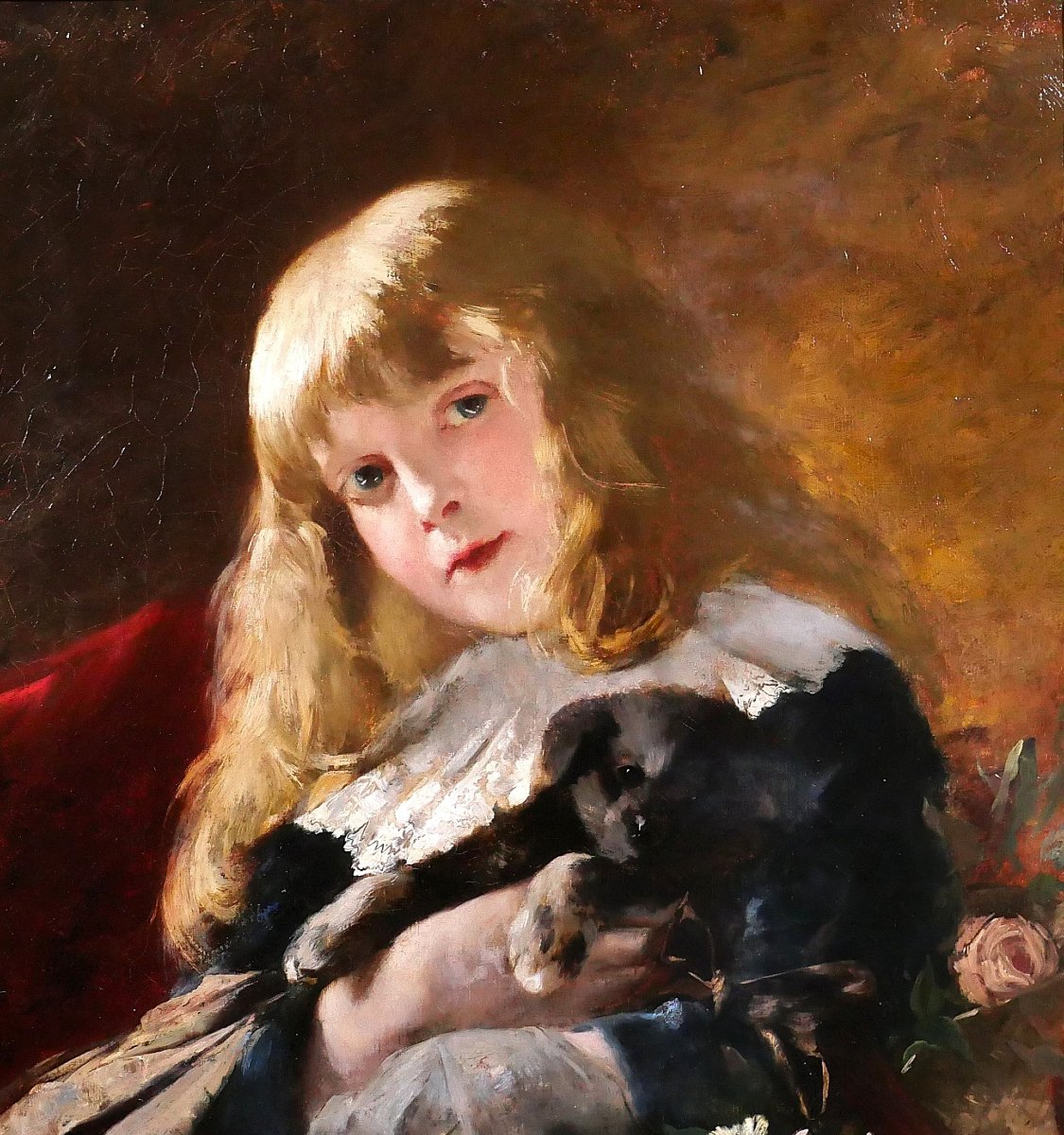 Friedrich Heyser 1857-1921 Portrait Of A Young Girl With A Dog, Painting, 1886, Dog Child-photo-3