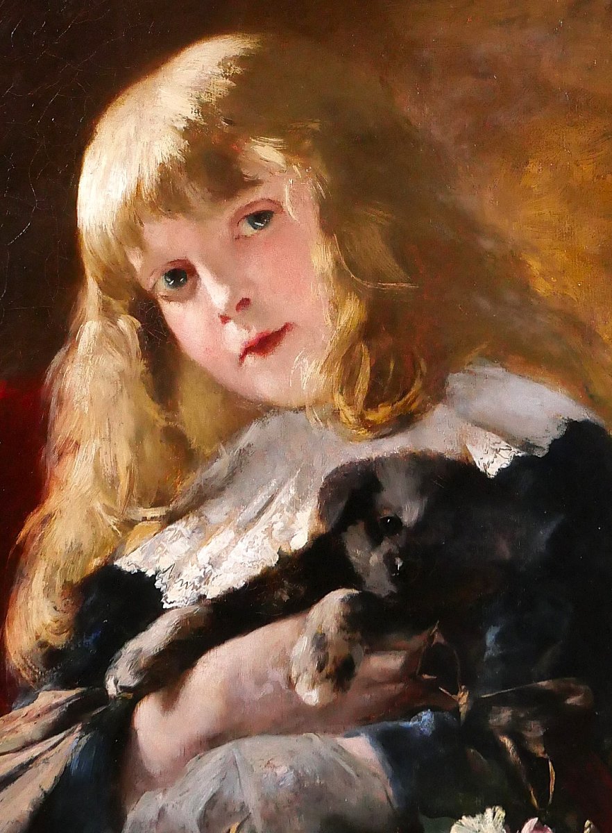 Friedrich Heyser 1857-1921 Portrait Of A Young Girl With A Dog, Painting, 1886, Dog Child-photo-5