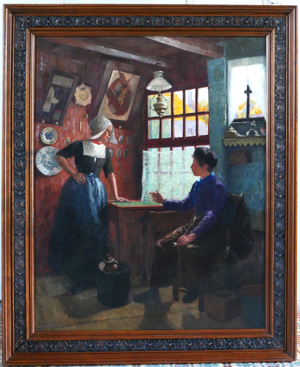 Reinhold Bressler 1868-1945 Netherlands, Couple Talking, Light Effect, Painting, Circa 1900-photo-2