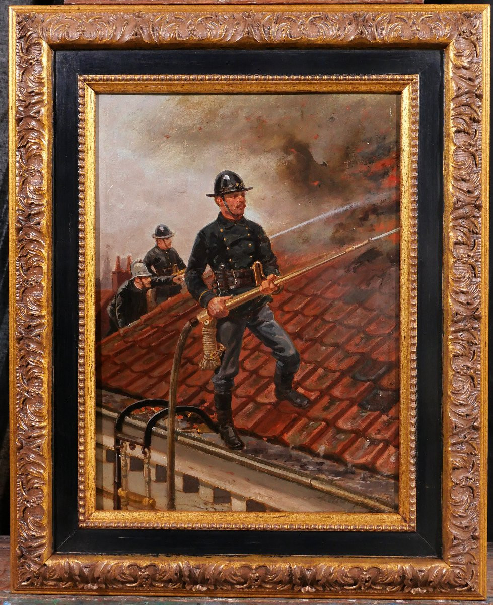 Louis Geens 1835-1906 Firefighters In Ghent, Belgium Painting 1877 Firefighter Soldier Fire-photo-2