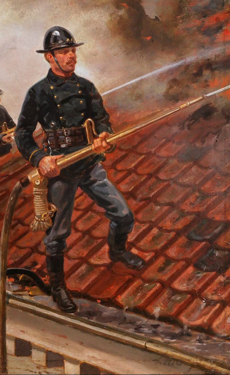 Louis Geens 1835-1906 Firefighters In Ghent, Belgium Painting 1877 Firefighter Soldier Fire-photo-3