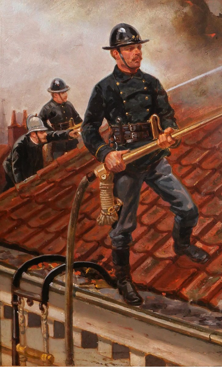 Louis Geens 1835-1906 Firefighters In Ghent, Belgium Painting 1877 Firefighter Soldier Fire-photo-4