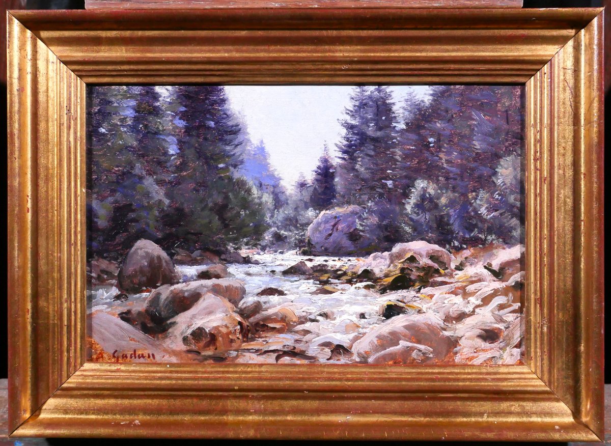Antoine Gadan 1854-1934 Mountain Landscape With Stream, Painting, Alps Pyrenees-photo-2