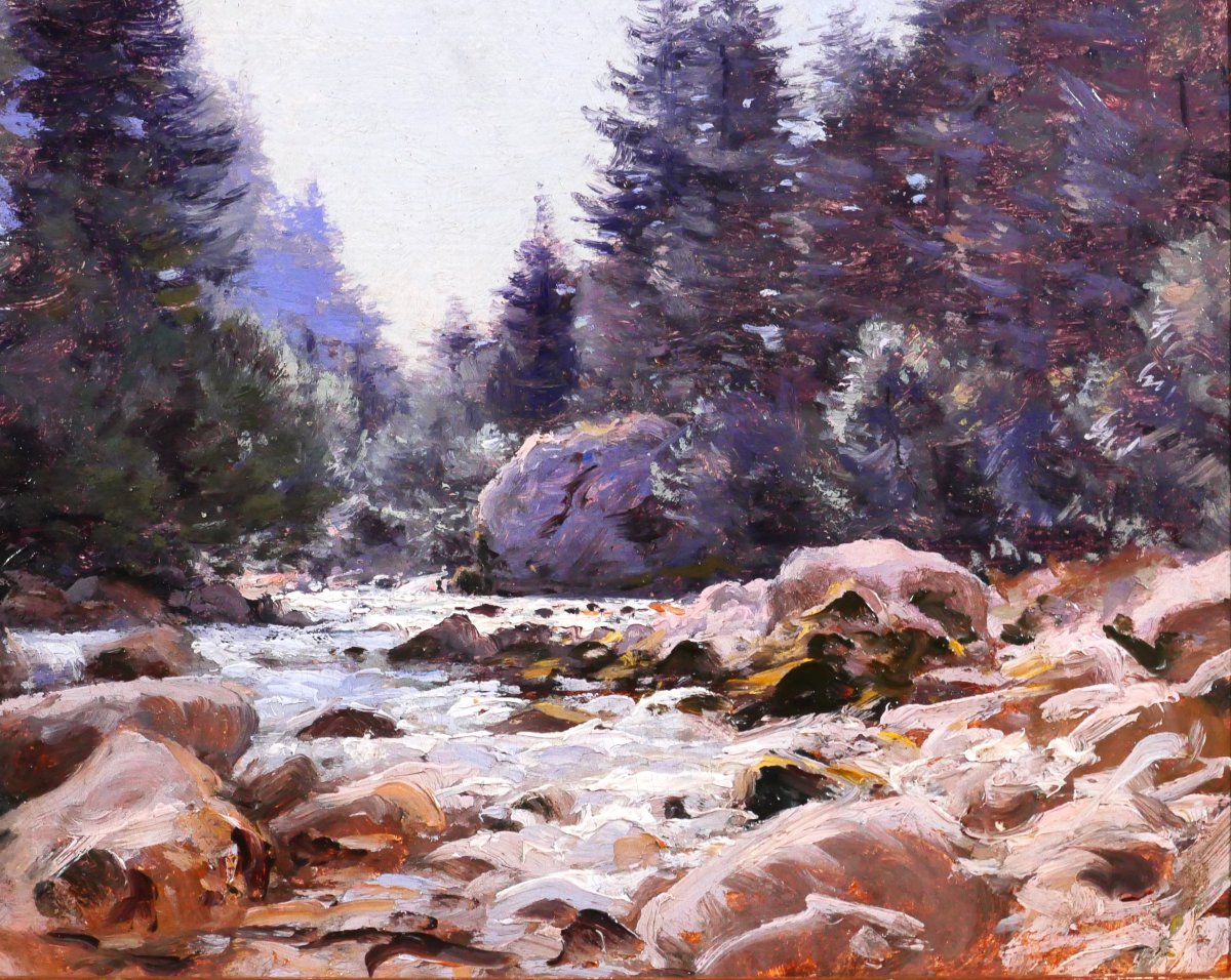 Antoine Gadan 1854-1934 Mountain Landscape With Stream, Painting, Alps Pyrenees-photo-4