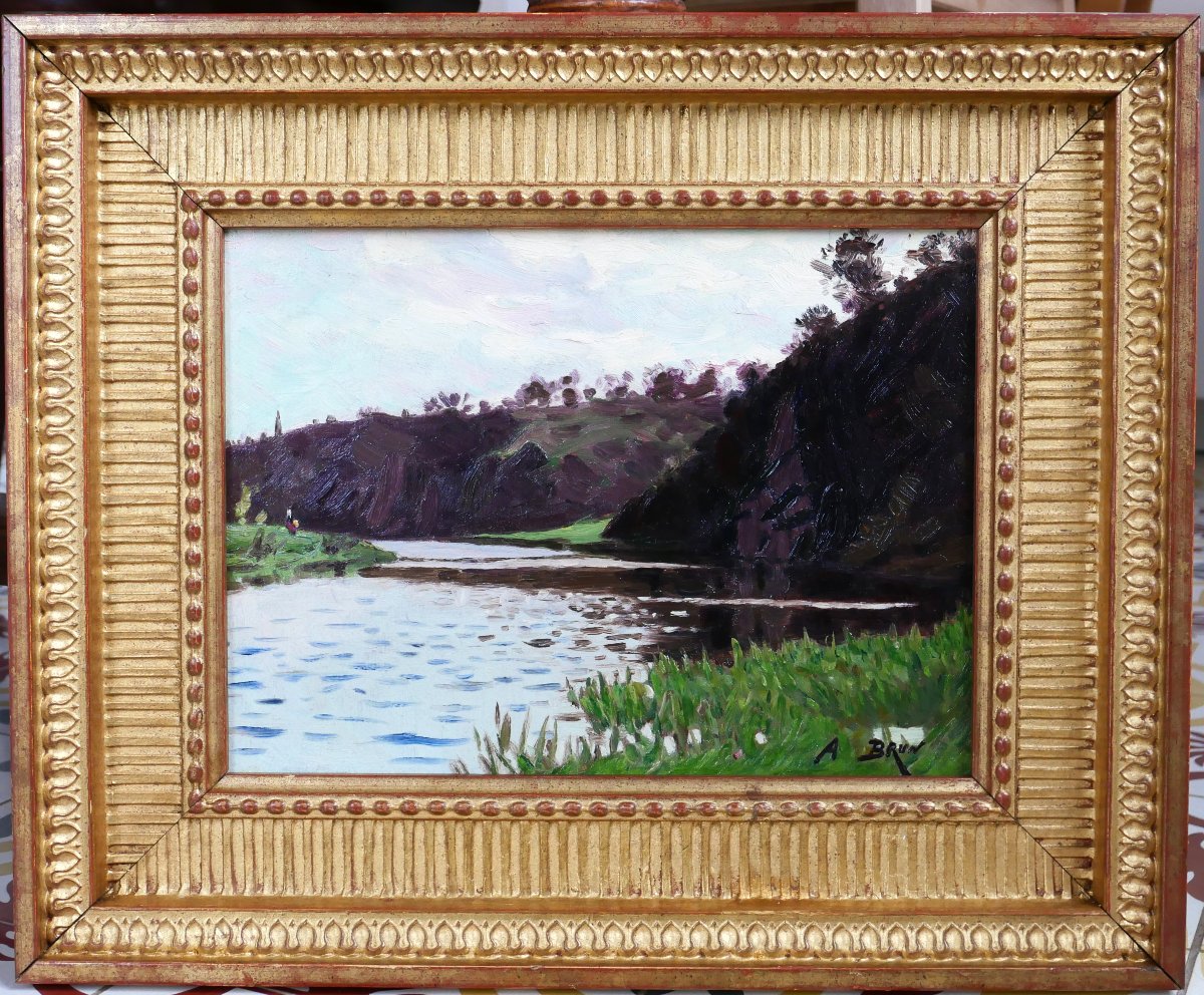 Alexandre Brun 1853-1941 River Landscape, Impressionist Painting Circa 1900-photo-2
