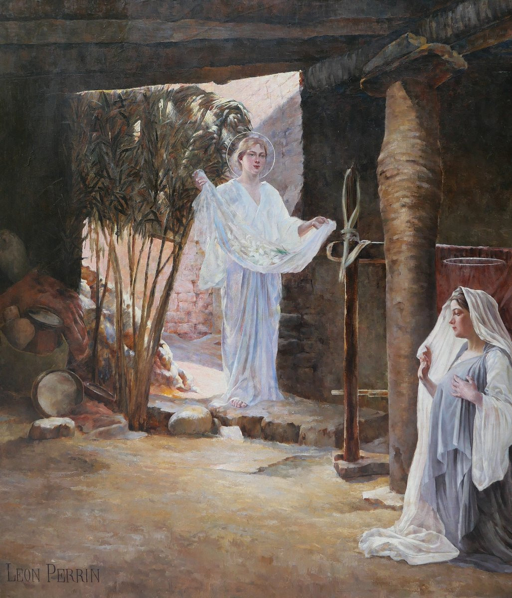 Léon Perrin 1860-1931 The Annunciation, Large Painting Salon 1891 Religious Virgin Church Chapel-photo-3