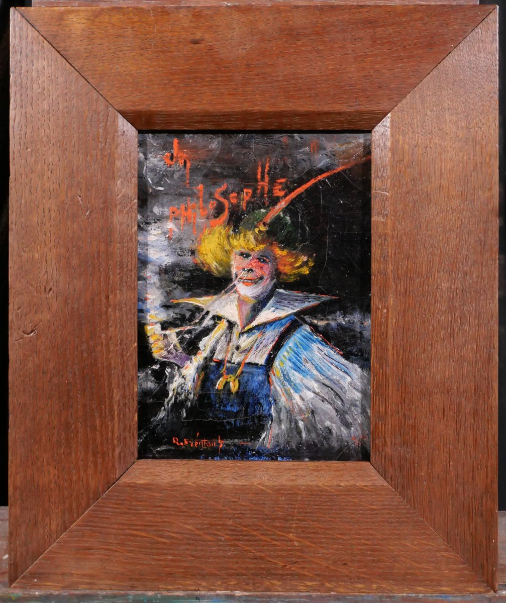 French School, Circa 1900. A Philosopher, Painting, Caricature, Humor, Clown, Portrait Of A Smoking Man-photo-2