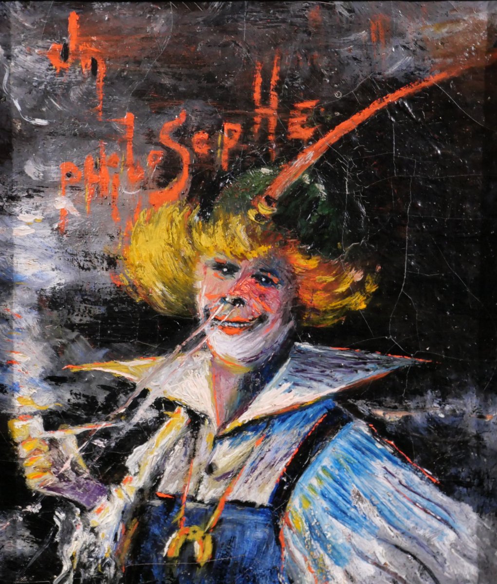 French School, Circa 1900. A Philosopher, Painting, Caricature, Humor, Clown, Portrait Of A Smoking Man-photo-3