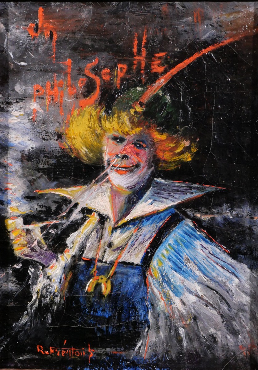 French School, Circa 1900. A Philosopher, Painting, Caricature, Humor, Clown, Portrait Of A Smoking Man