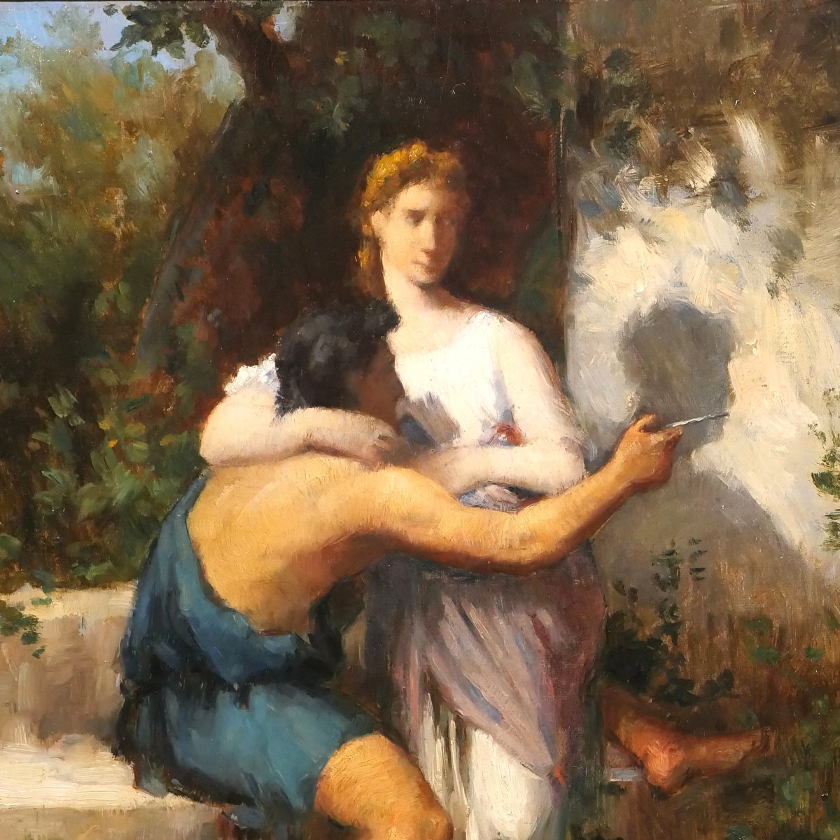 Jean DIFFRE 1864-1921 L'invention du dessin, tableau, vers 1880-85 Toulouse homme femme-photo-3