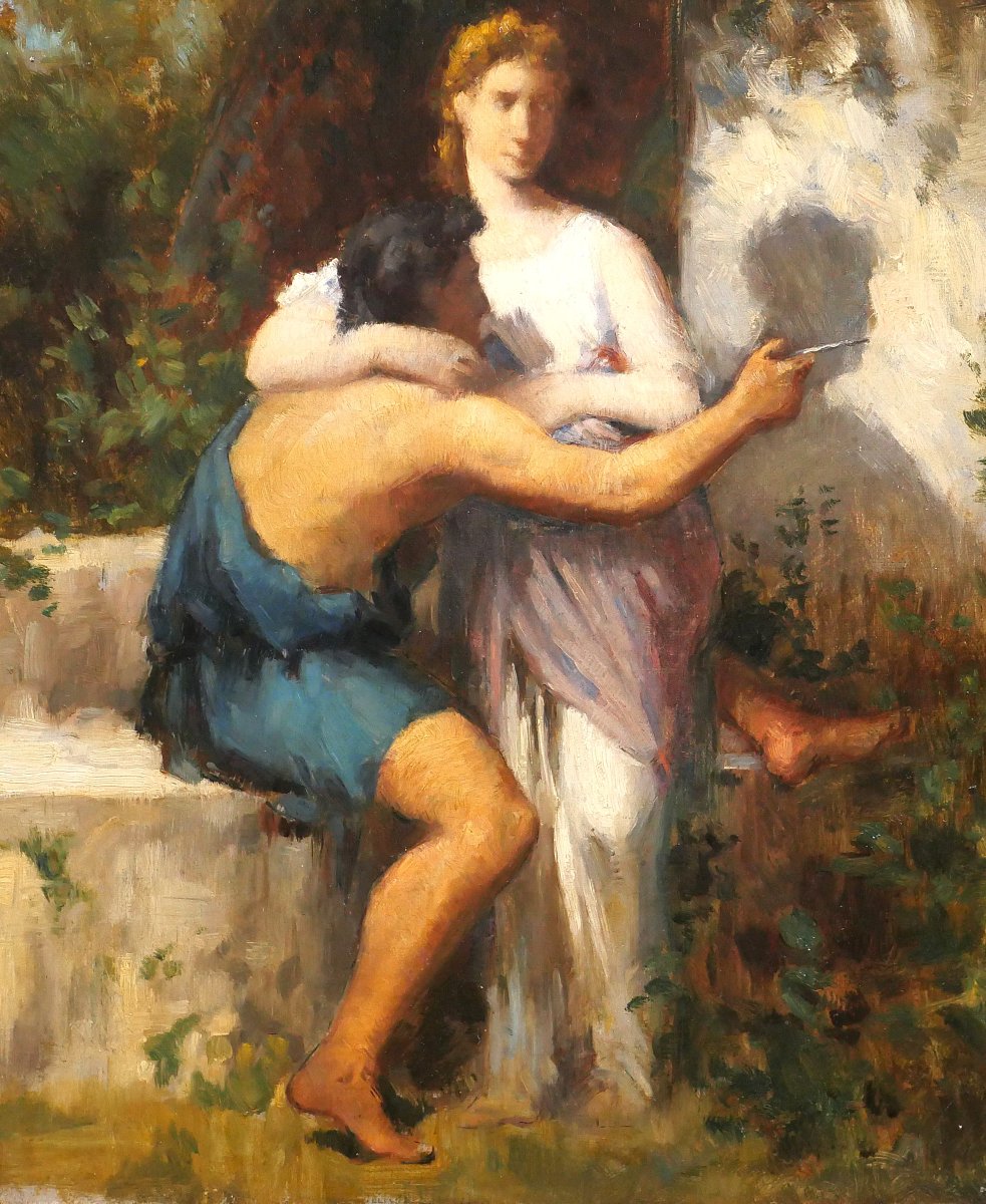 Jean DIFFRE 1864-1921 L'invention du dessin, tableau, vers 1880-85 Toulouse homme femme-photo-4