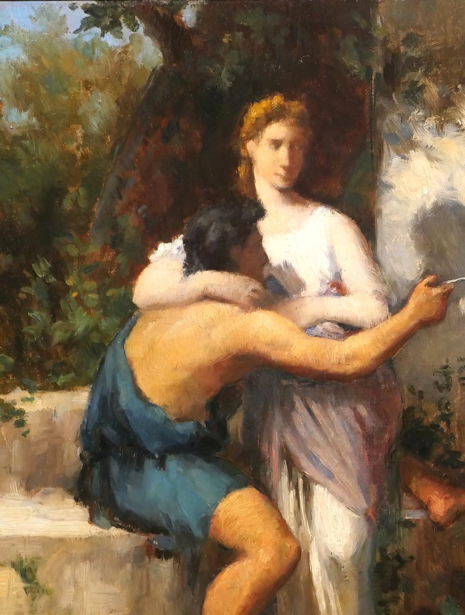 Jean DIFFRE 1864-1921 L'invention du dessin, tableau, vers 1880-85 Toulouse homme femme-photo-1