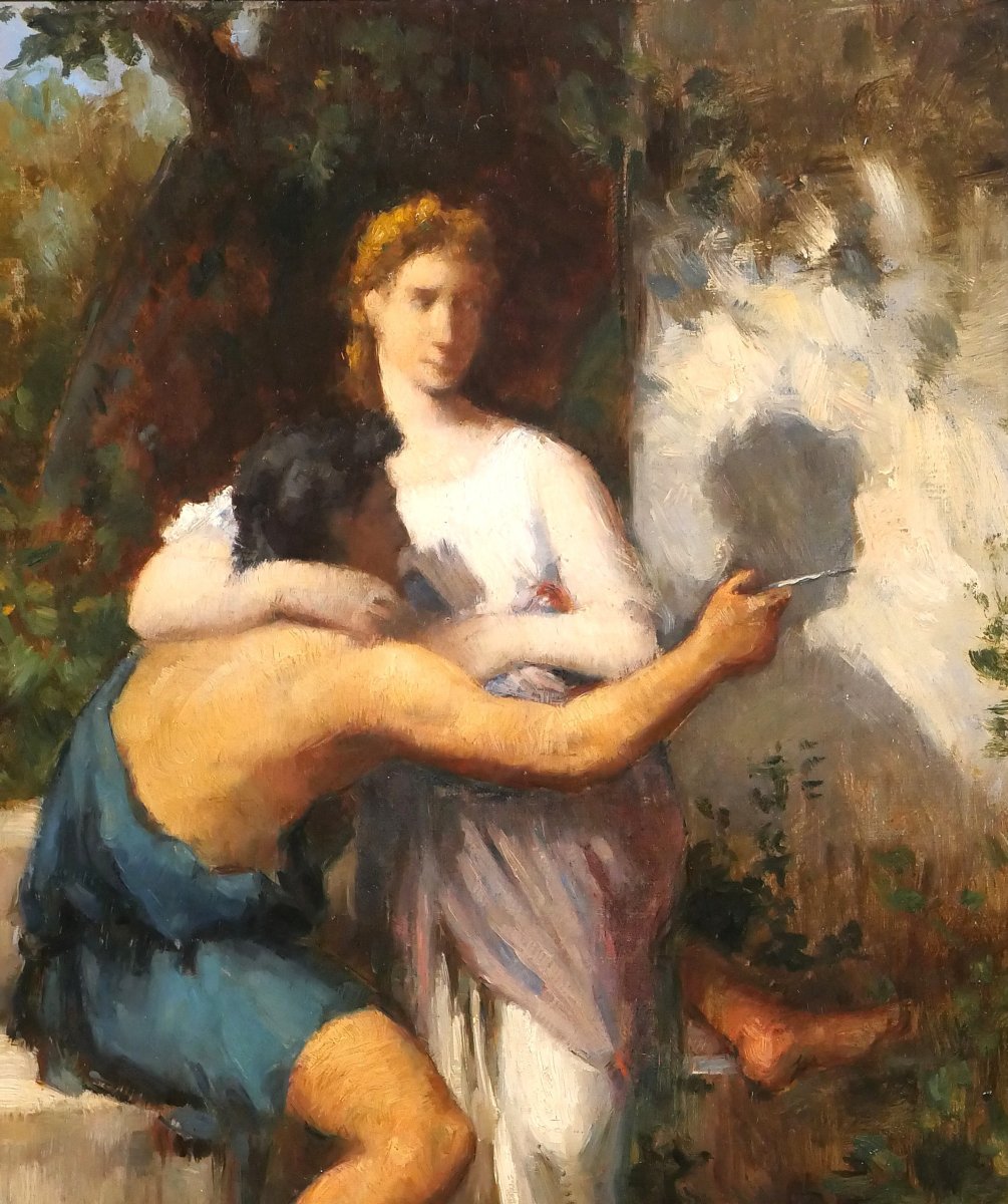 Jean DIFFRE 1864-1921 L'invention du dessin, tableau, vers 1880-85 Toulouse homme femme-photo-2