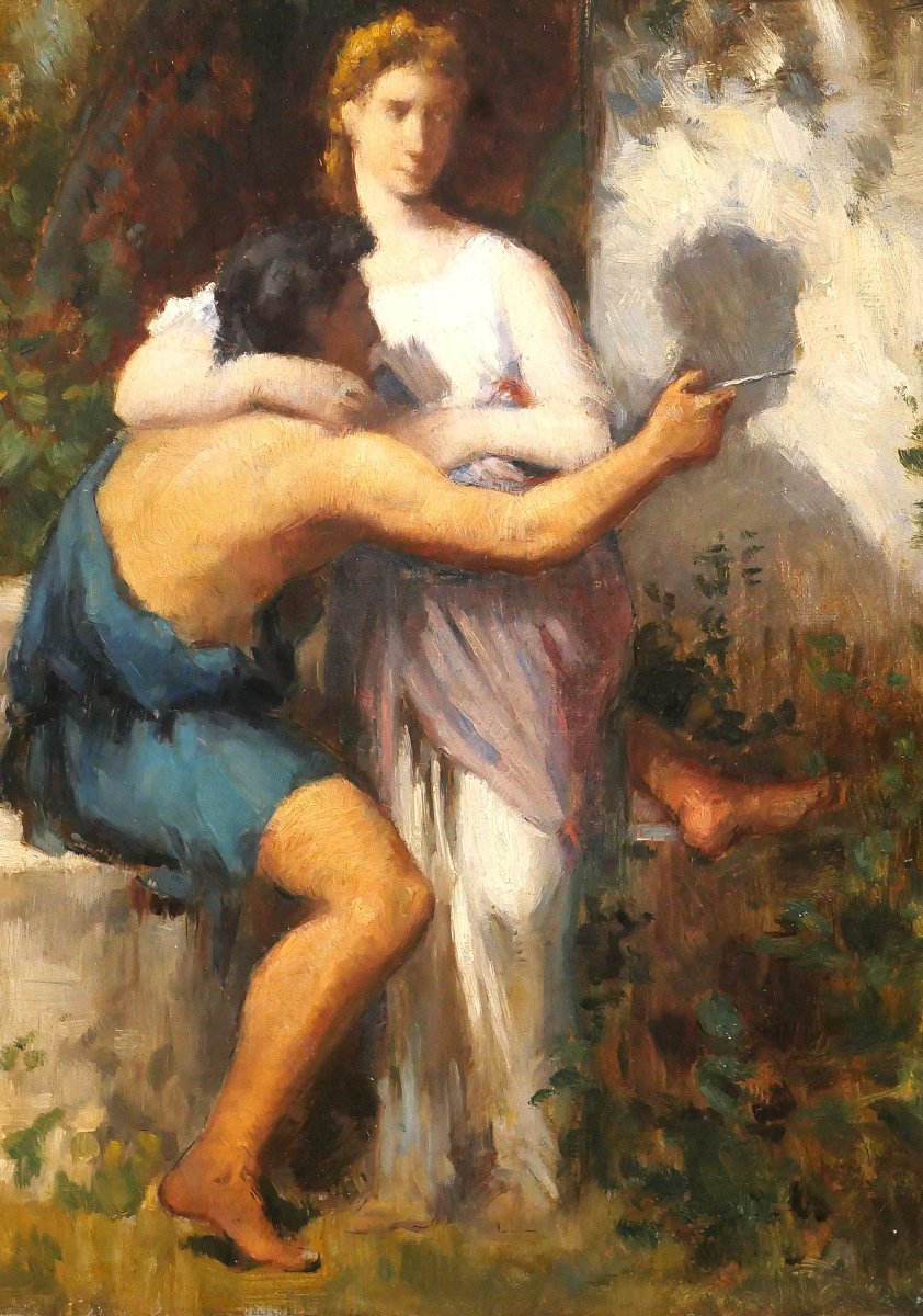 Jean DIFFRE 1864-1921 L'invention du dessin, tableau, vers 1880-85 Toulouse homme femme-photo-3