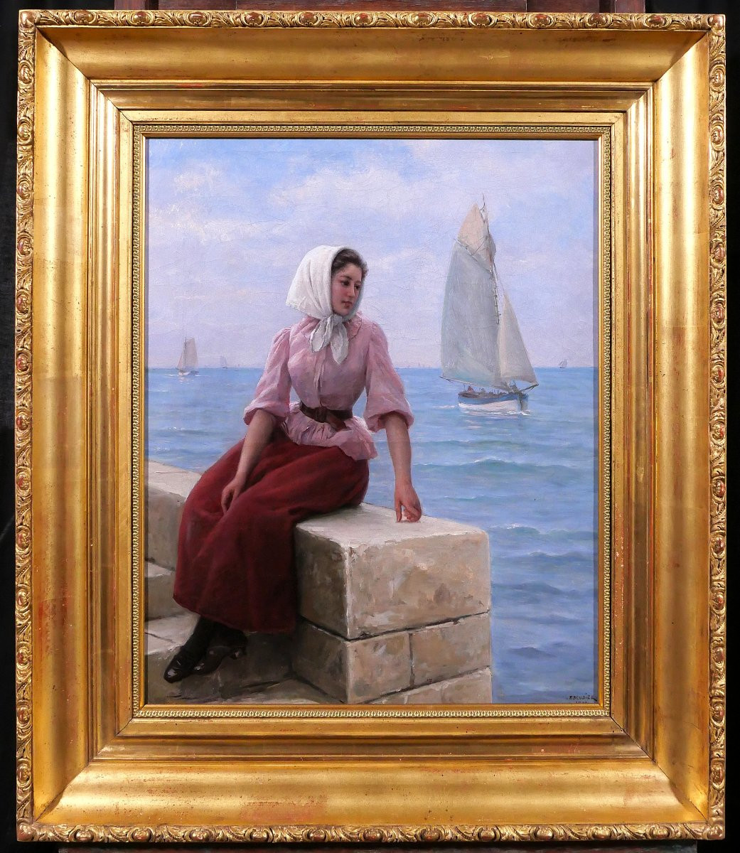 Charles Escudier 1848-1923 Woman By The Sea Awaiting The Return Of The Boat, Painting, 1902-photo-2