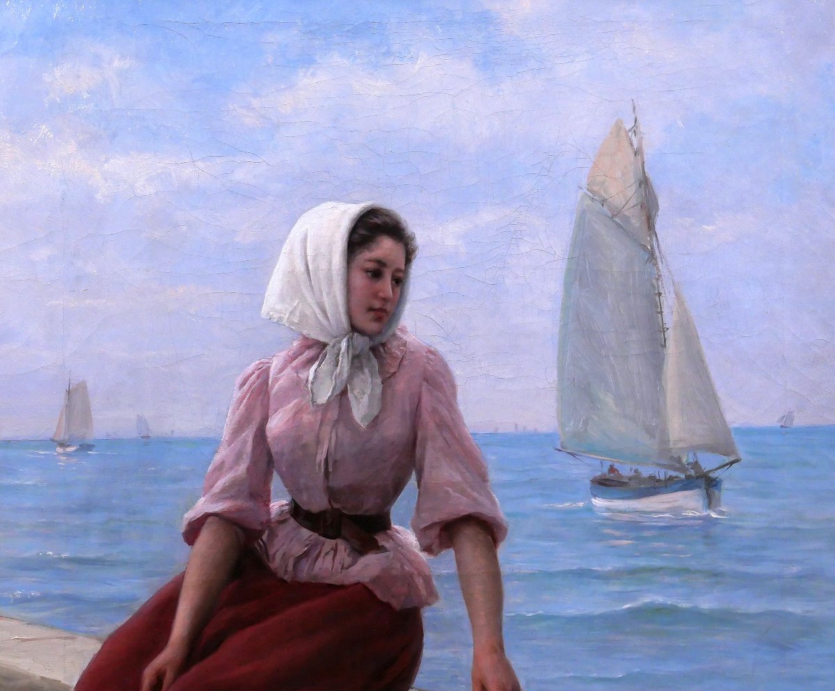 Charles Escudier 1848-1923 Woman By The Sea Awaiting The Return Of The Boat, Painting, 1902-photo-3