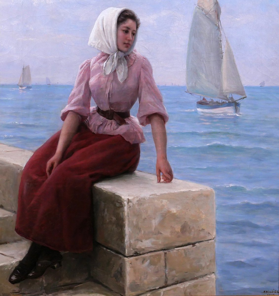 Charles Escudier 1848-1923 Woman By The Sea Awaiting The Return Of The Boat, Painting, 1902-photo-4