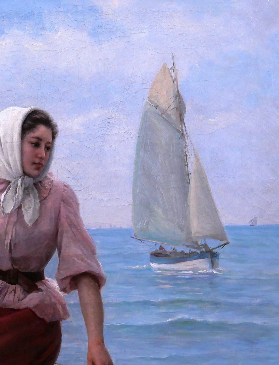 Charles Escudier 1848-1923 Woman By The Sea Awaiting The Return Of The Boat, Painting, 1902-photo-2