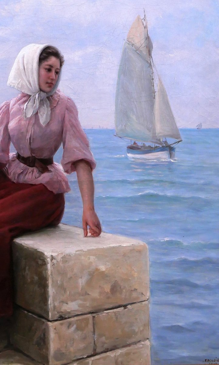 Charles Escudier 1848-1923 Woman By The Sea Awaiting The Return Of The Boat, Painting, 1902-photo-3