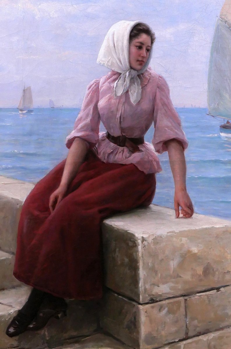 Charles Escudier 1848-1923 Woman By The Sea Awaiting The Return Of The Boat, Painting, 1902-photo-4