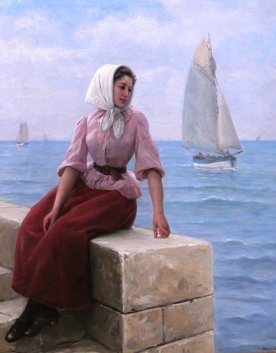 Charles Escudier 1848-1923 Woman By The Sea Awaiting The Return Of The Boat, Painting, 1902