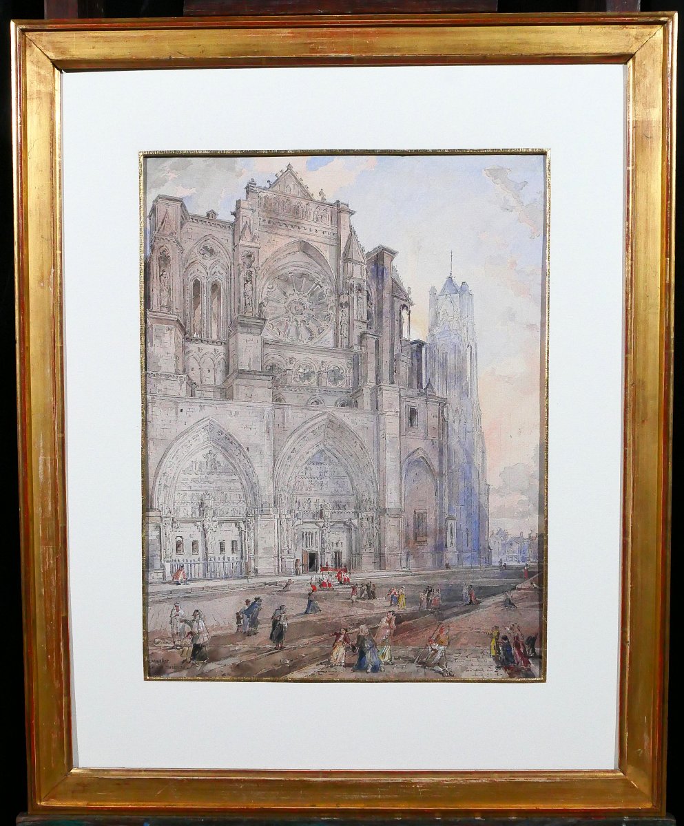 Louis-Désiré Thiénon 1812-1889 Reims, la cathédrale, paysage, dessin, 1875 tableau romantisme-photo-2